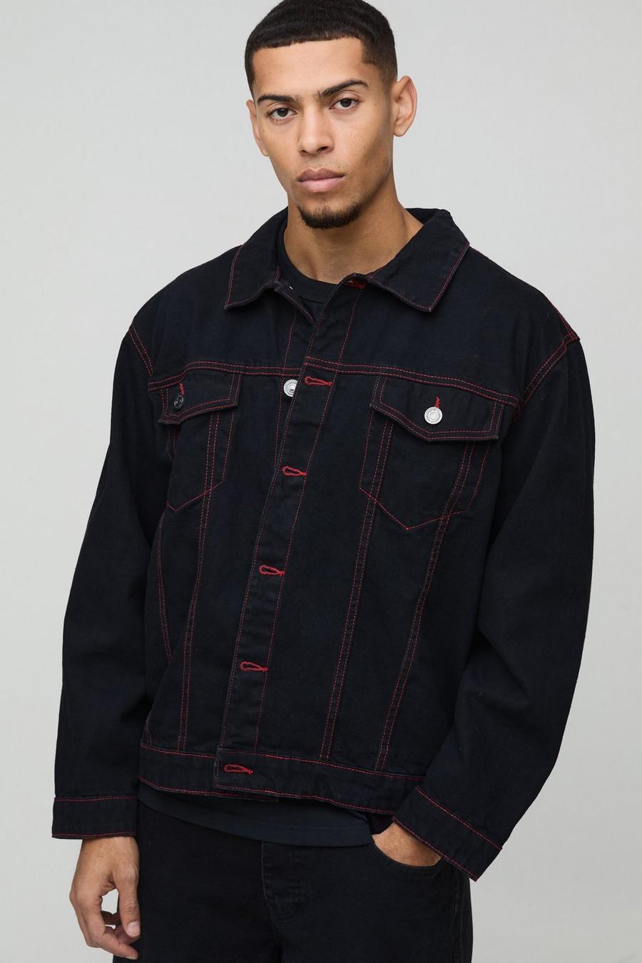 Regular Contrast Red Stitch Denim Jacket | boohoo USA Regular Contrast Red Stitch Denim Jacket | boohoo USA